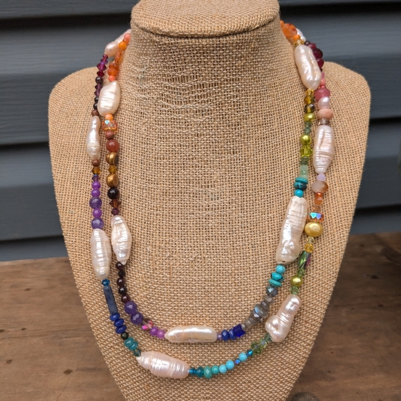 Long Colorful Pearl Gemstone Necklace - Picture 6 of 15